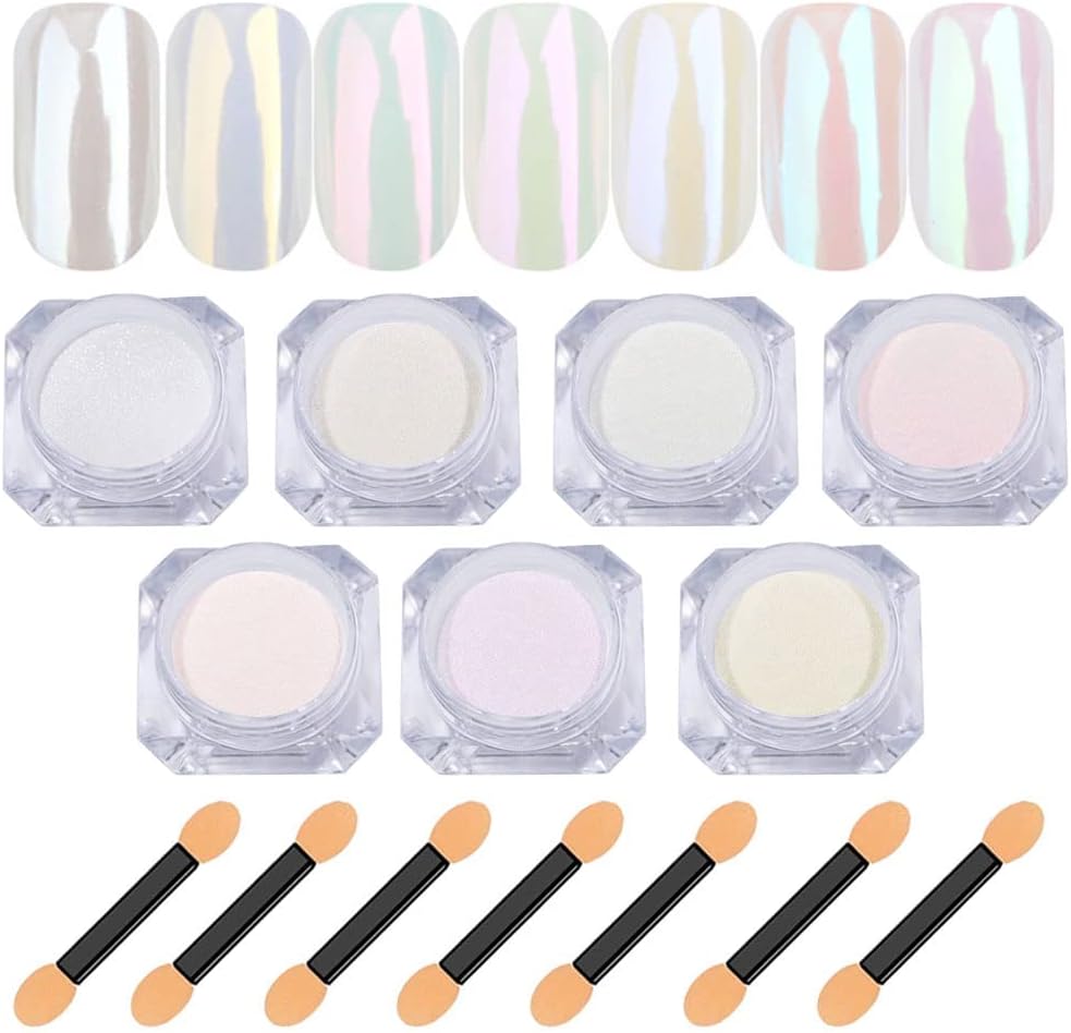 7 Colors White Pearl Chrome Nail Powder Aurora Metallic Nail Powder Holographic Mirror Effect Chrome Powder Iridescent Shell Powder Glitter Nail Art Pigment Manicure Powder for Nails (White Pearl)