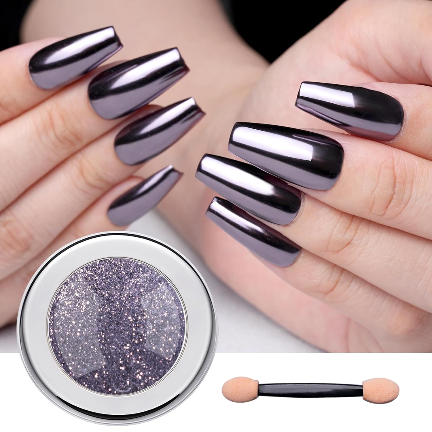 PrettyDiva Chrome Nail Powder – Silvery Black Mirror Effect Chrome Nail Powder, Premium Metallic Mirror Chrome Powder Pigment for Nail Art Decoration